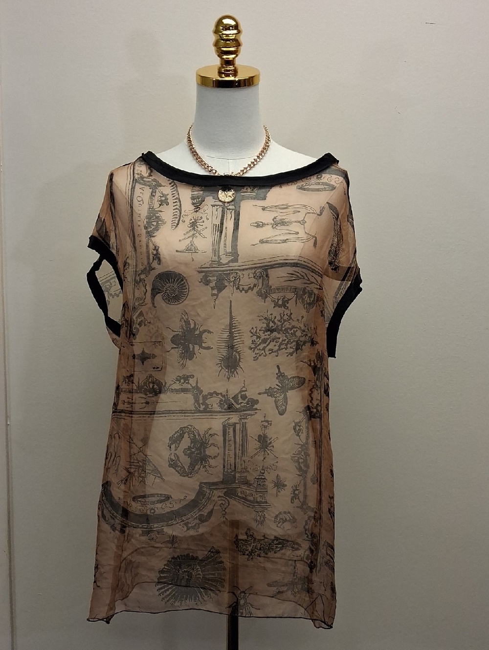 Sheer Beige Printed Short Sleeve Top with Black Trim